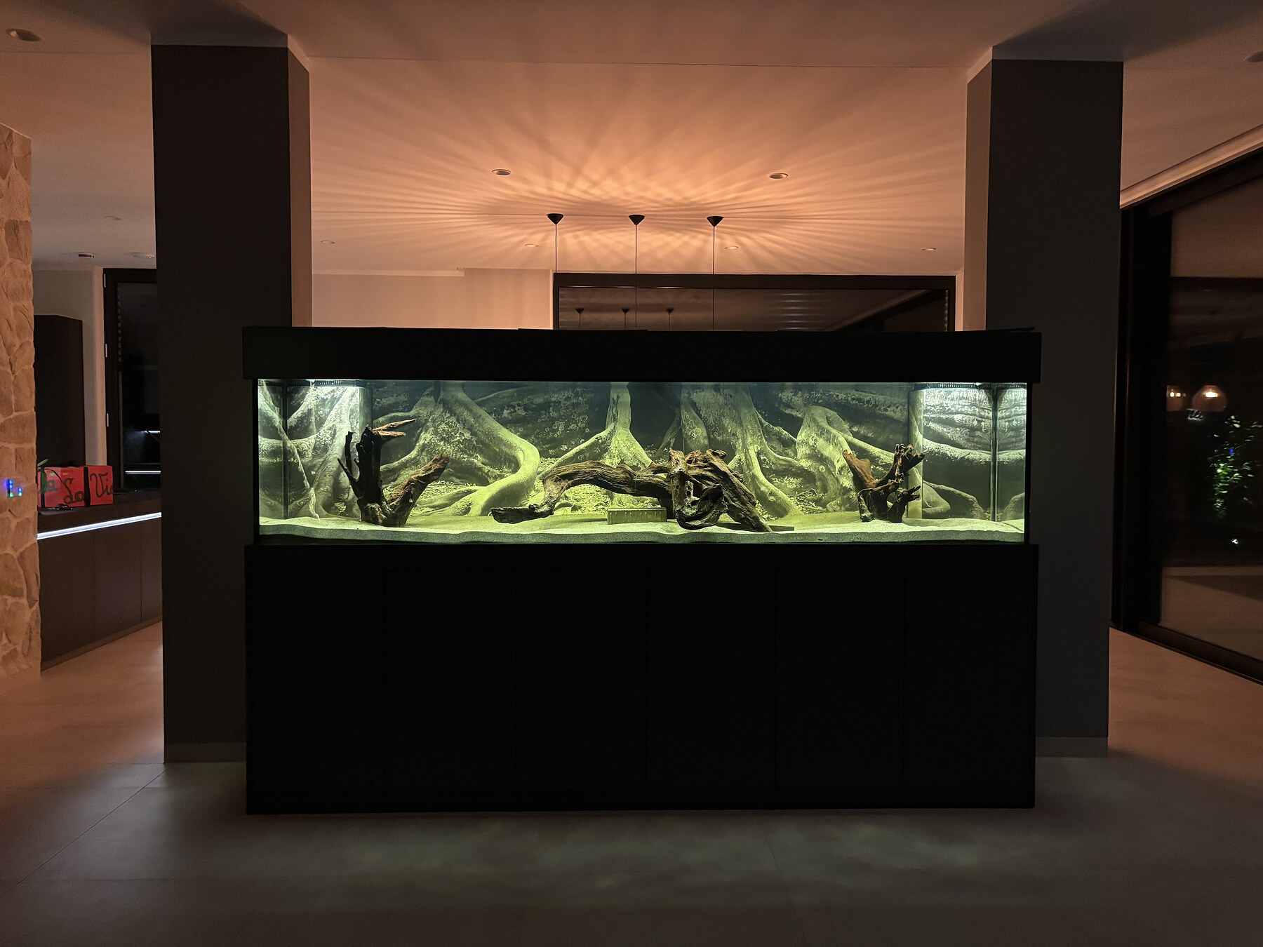 Fertig eingebautes Aquarium als Raumteiler in einem modernen Wohnraum