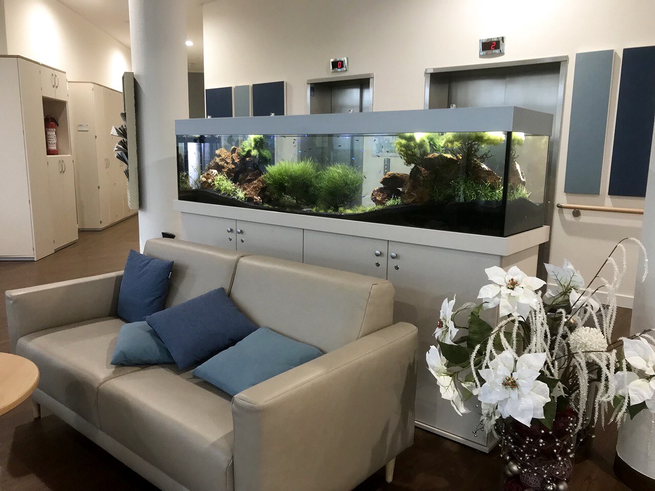 Großes bepflanztes Aquarium in einem öffentlichen Loungebereich