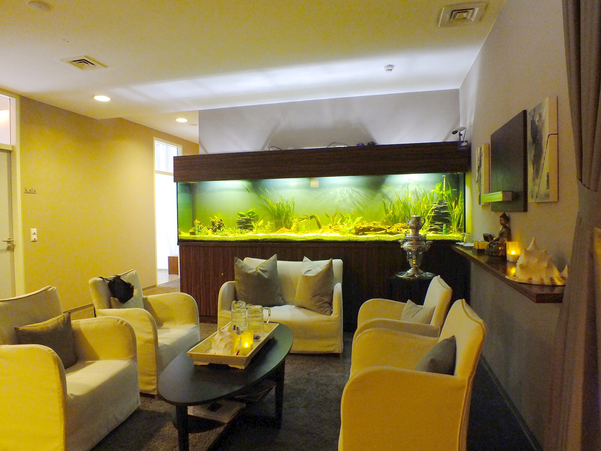 Lounge mit langem Süßwasseraquarium und warmem Licht